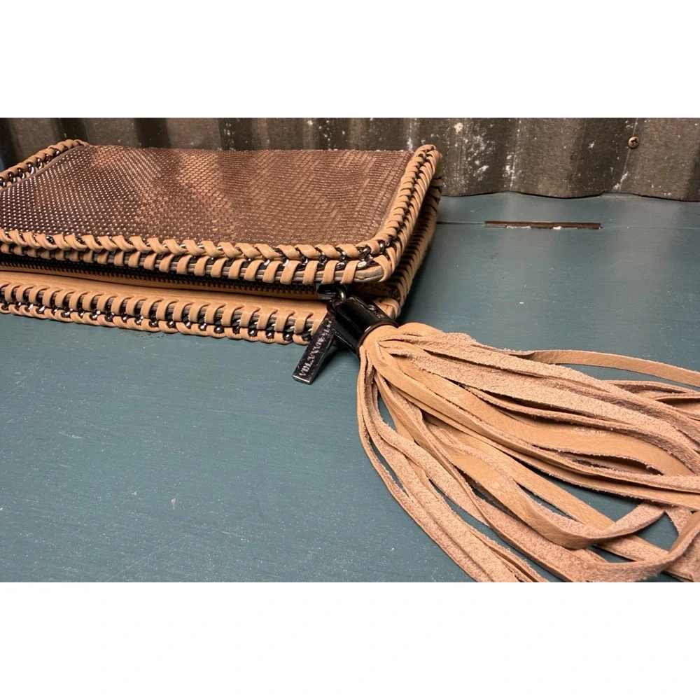 BCBG MAX AZARIA Gunmetal Aluminum Mesh Clutch Leather Tassel Whipstitch Glam